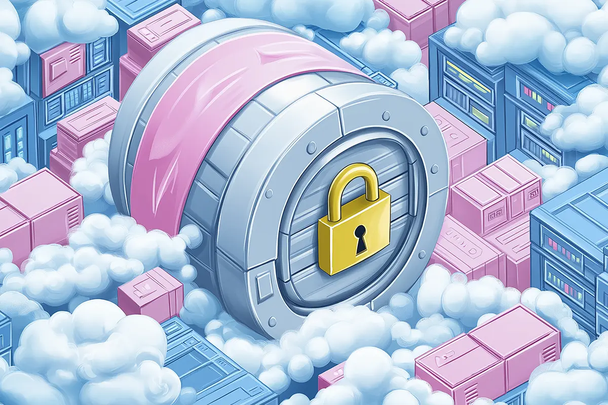 Illustration of a vault in a cloud city representing the concept of backups