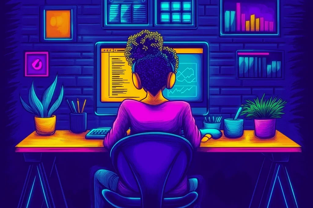 Illustration of a woman working on a blog and make money with it 