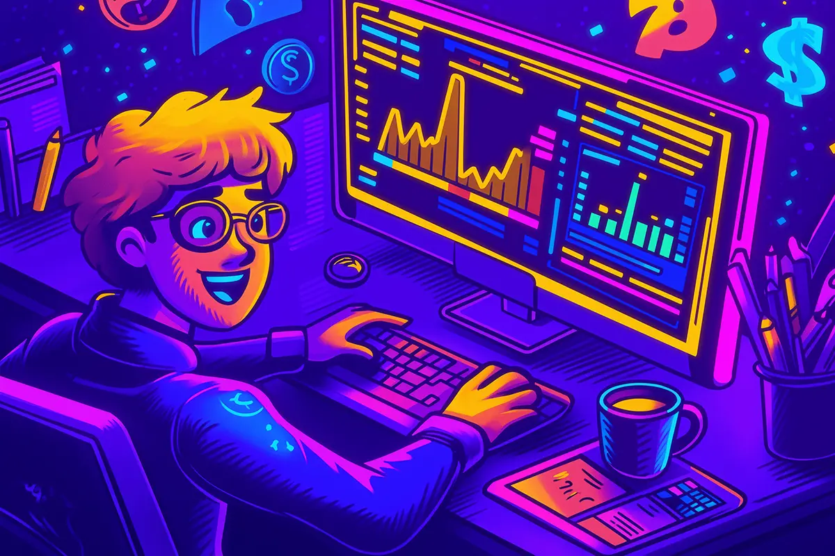 Illustration of a man working excitedly on a blog and make money with it