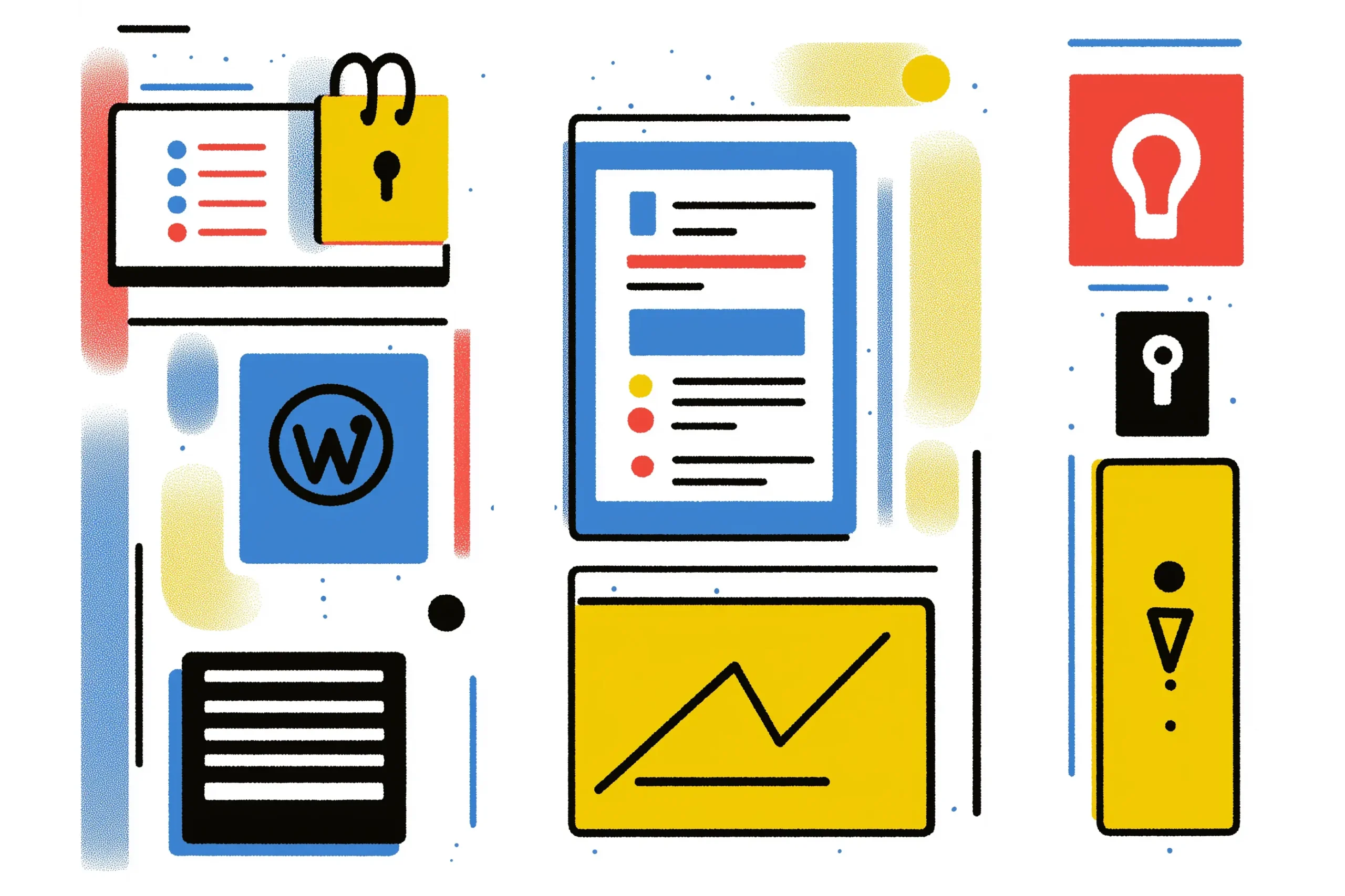 Illustration showing multiple graphics of notebooks and graphs to suggest Automated backups and security for WordPress entrepreneurs