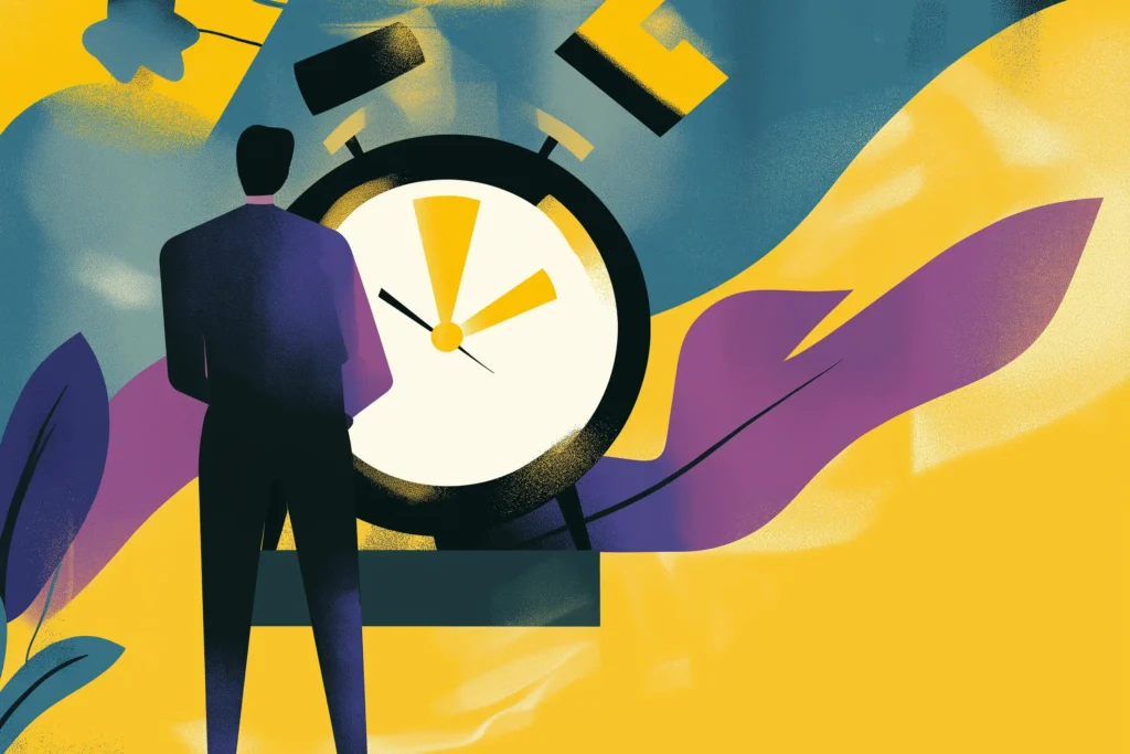 Illustration of a man looking at a large clock as a way to illustrate how to maintain work-life balance