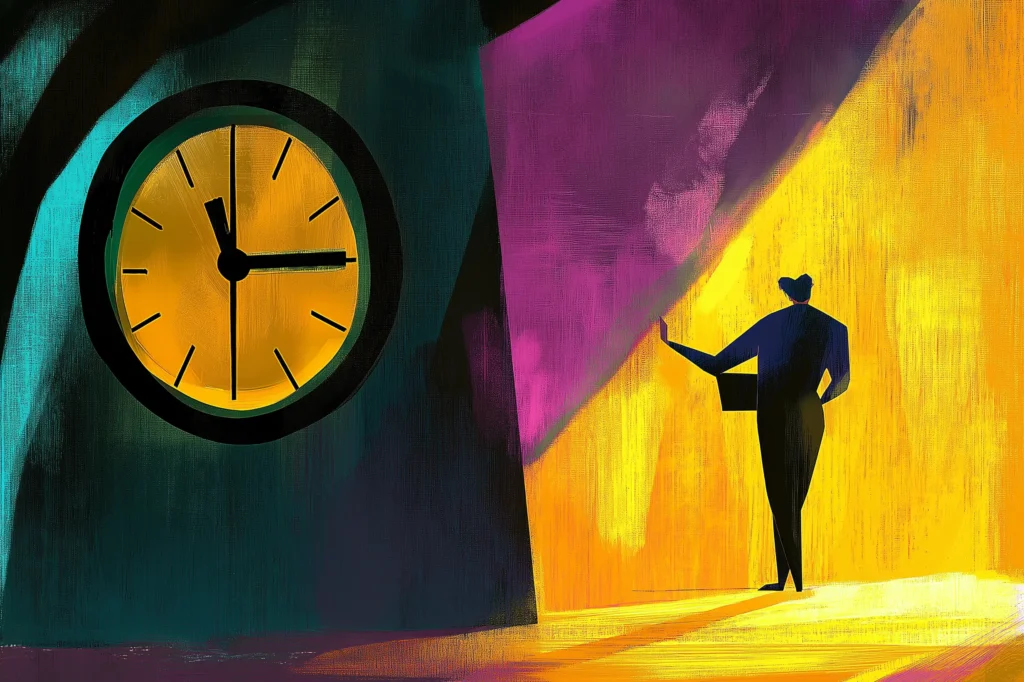 Illustration of a man looking at a large clock as a way to illustrate how to maintain work-life balance